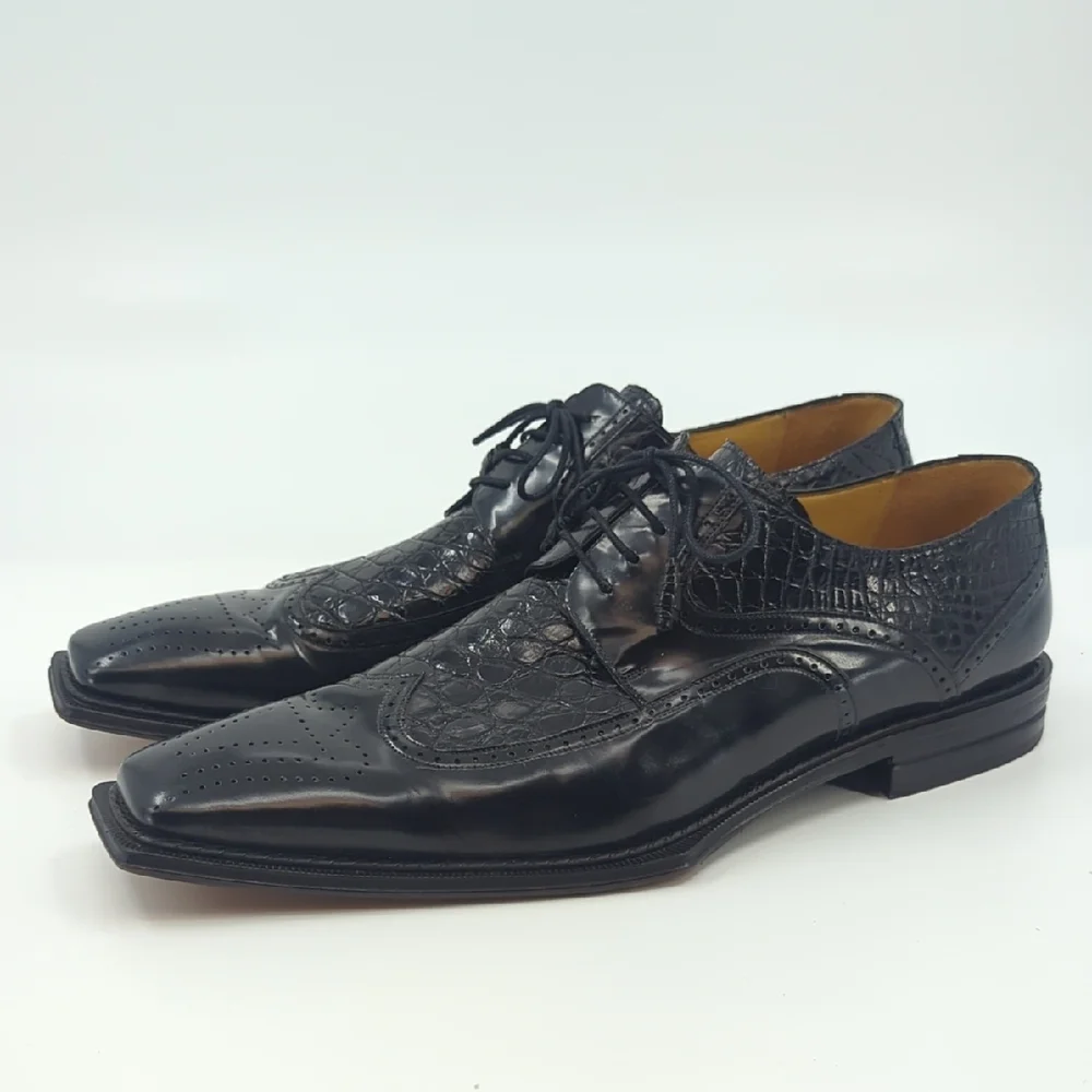 MEZLAN Platinum Wingtip Oxford Lace Up Shoes Black Crocodile Inset Sz 16 - Picture 1 of 11